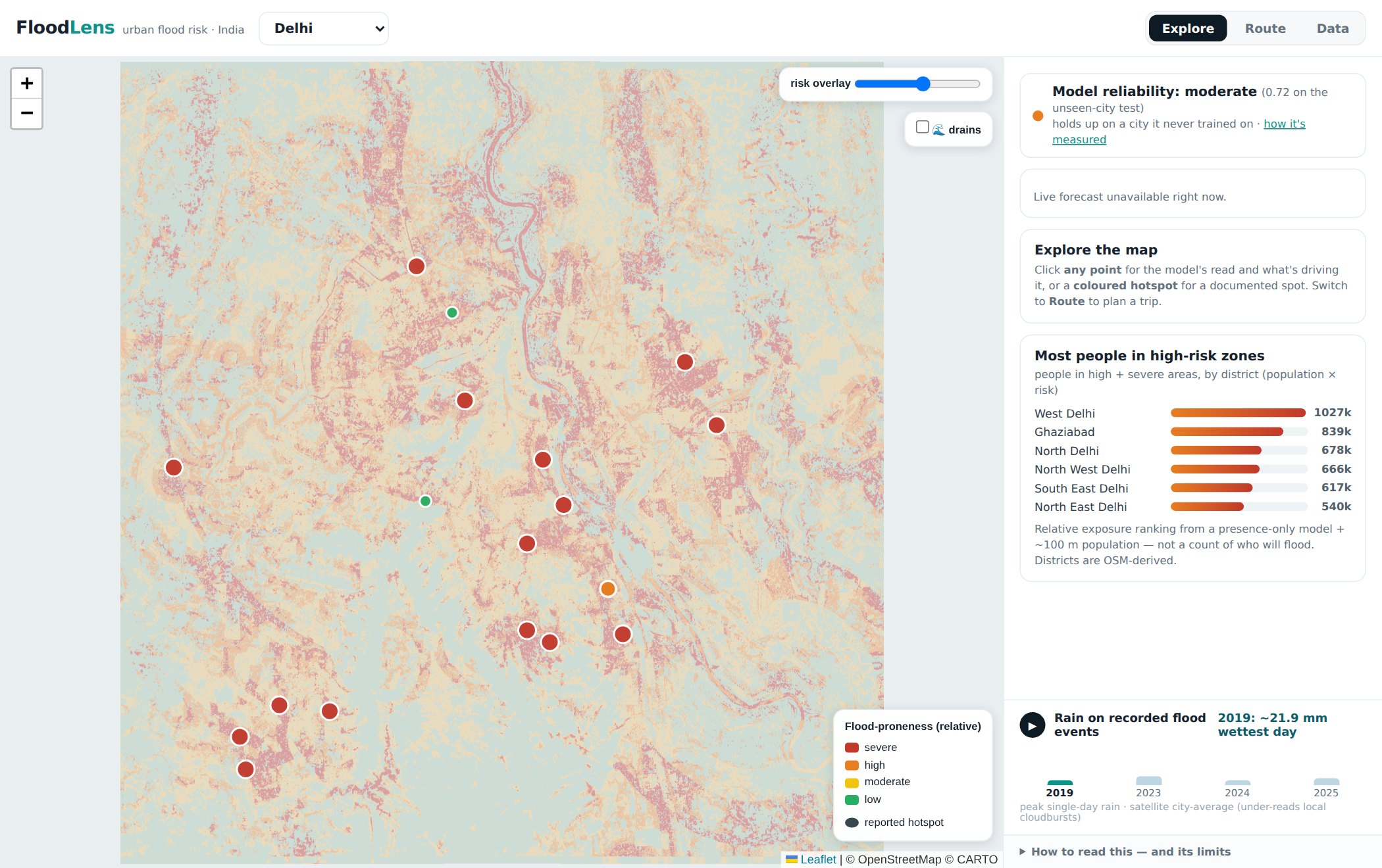 The FloodLens map of Delhi. A red and cream overlay shows relative flood susceptibility. Markers show documented hotspots. A side panel ranks districts by the number of people in high-risk zones.