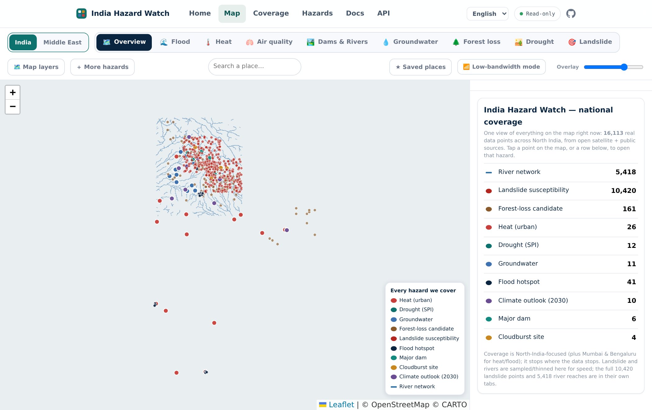 The Hazard Watch map, with a street base map behind the data. A side panel lists national coverage: 16,113 data points, including 5,418 river reaches, 10,420 landslide points and 41 flood hotspots.
