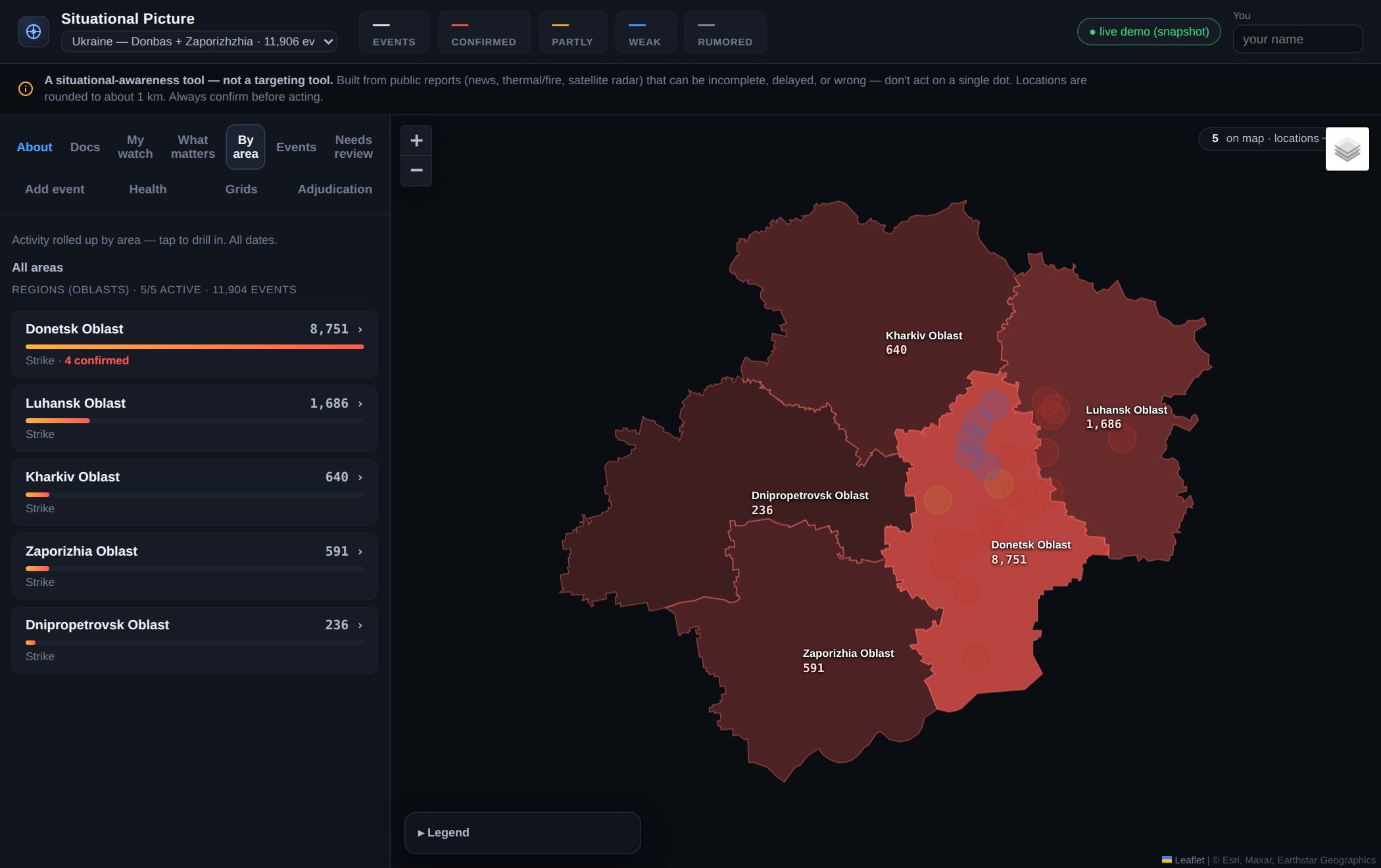 The area view of Situational Picture. Five Ukrainian regions are shaded by activity, and a list ranks them by event count from Donetsk with 8,751 events down to Dnipropetrovsk with 236.